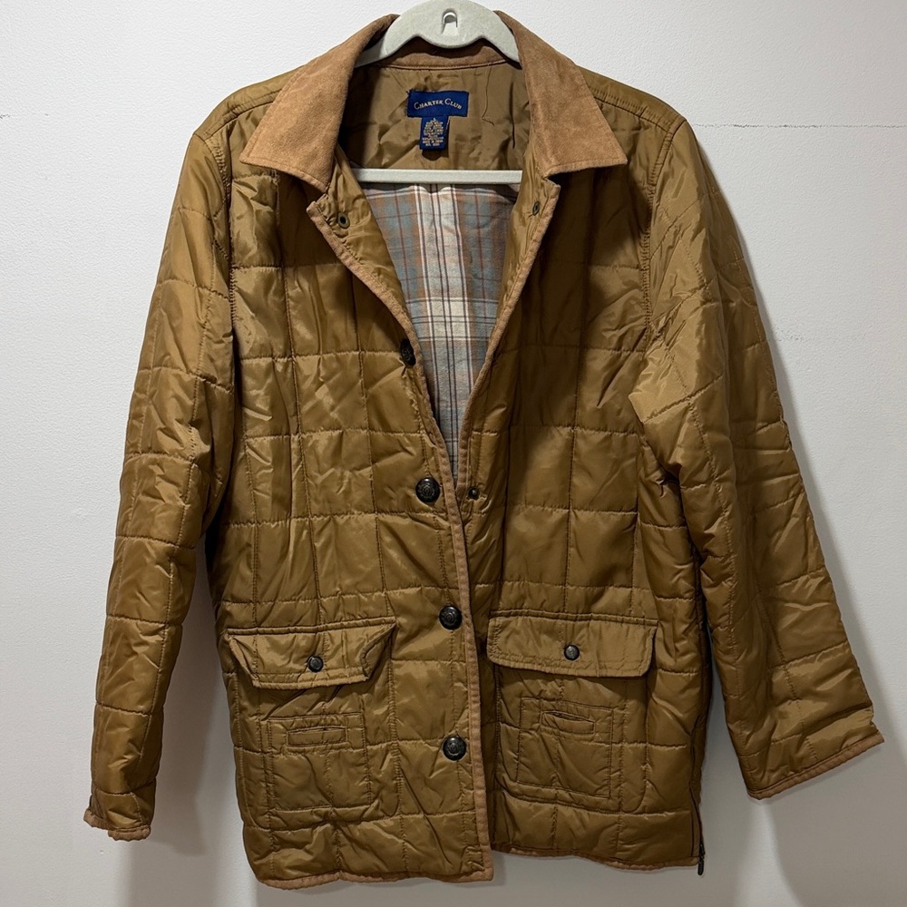 Charter Club Women’s Quilted Tan‎ Corduroy Suede Collar Puffer Jacket Size L